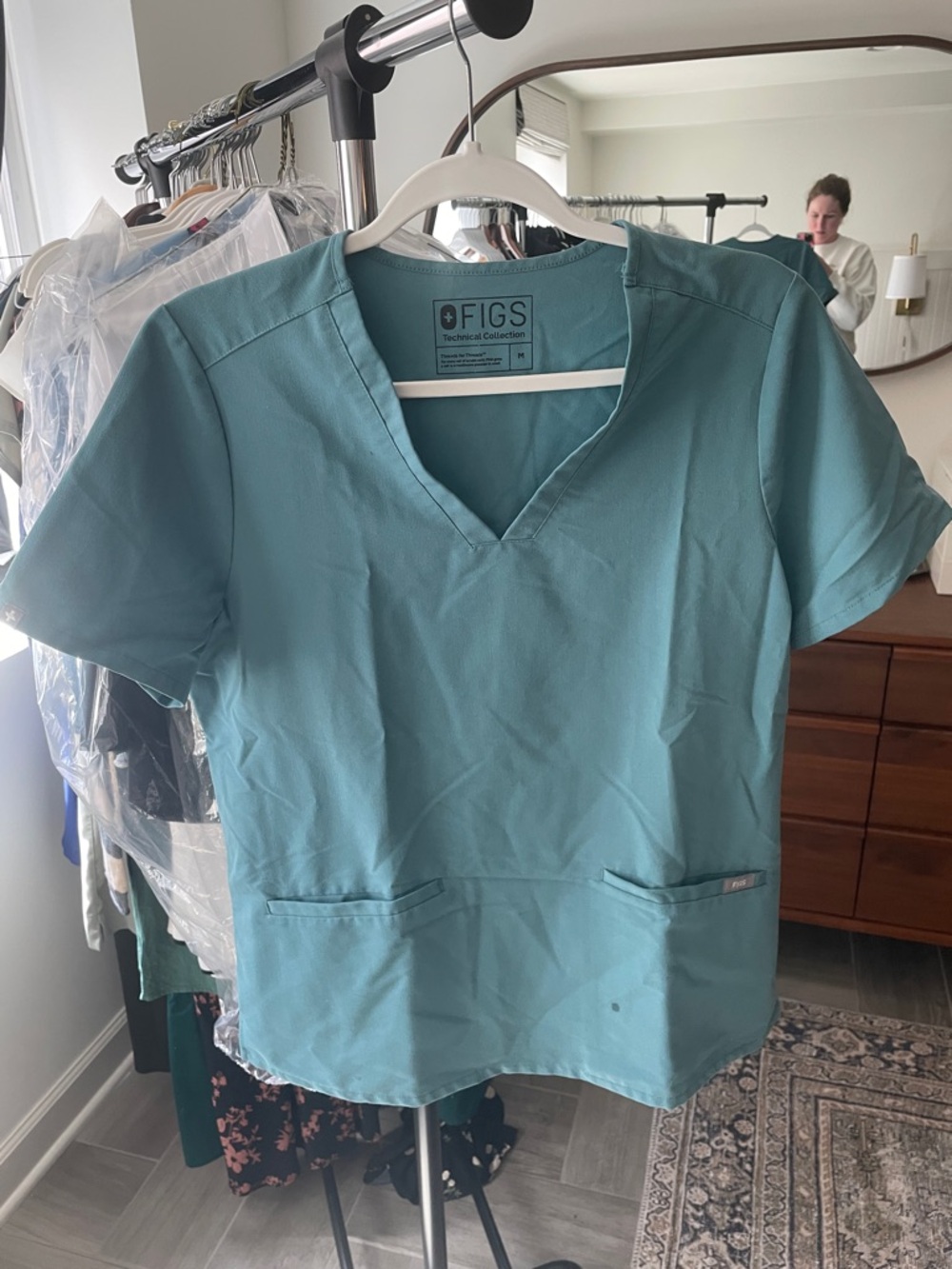 FIGS Women's V-Neck Tunic Top in Teal Blue